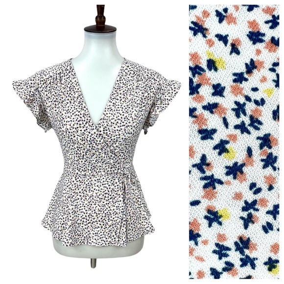 Modcloth Monteau Ditsy Floral Surplice Wrap Peplum Blouse - Picture 1 of 11